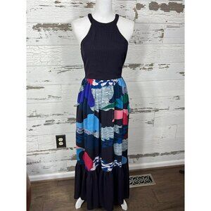OLIPHANT Halter Top Cotton Silk Maxi Dress Pacifica Black Print Sz S #1225V NWOT